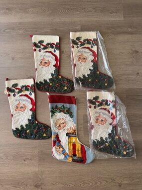 Vintage Christmas Wool Needlepoint Stockings Set of 5 Santa And Candlelight